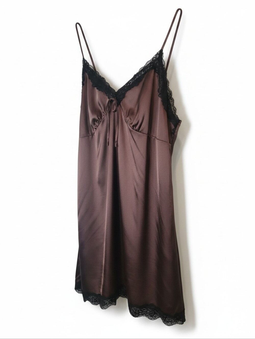Satin Mauve Purple Slip Dress With Black Lace Trim
